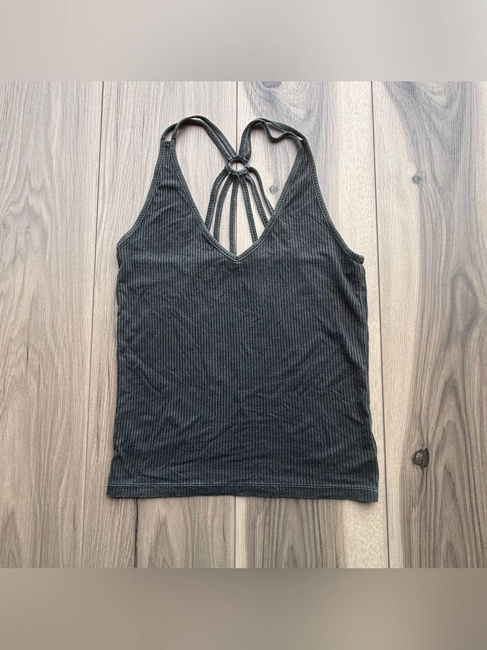 AEO First Essentials Washed Black Dark Grey Ribbed Strappy Back Tank Top size S